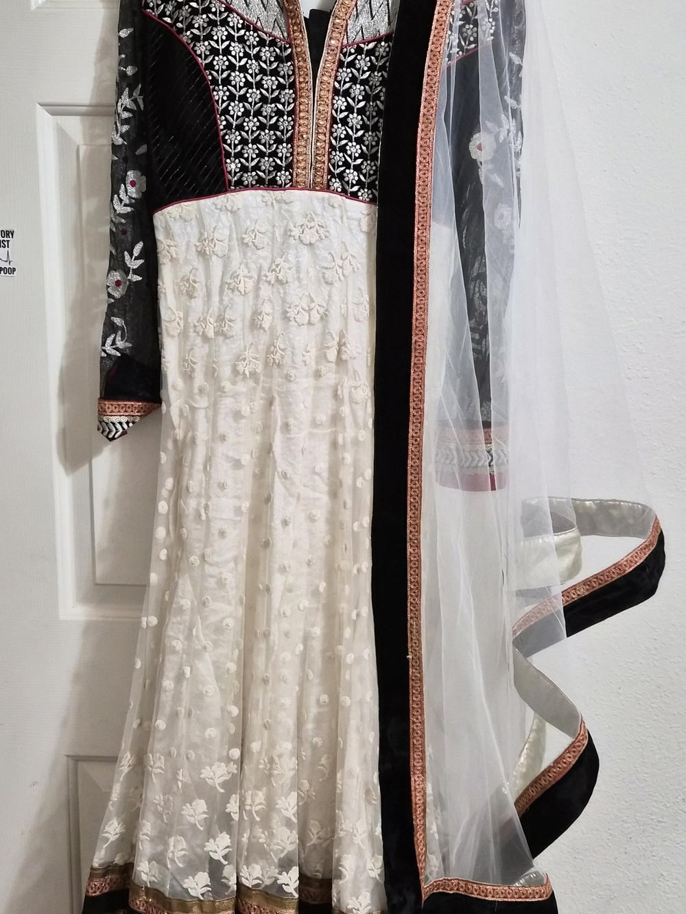 Embroidered Black and White Anarkali Dress with Sheer Dupatta